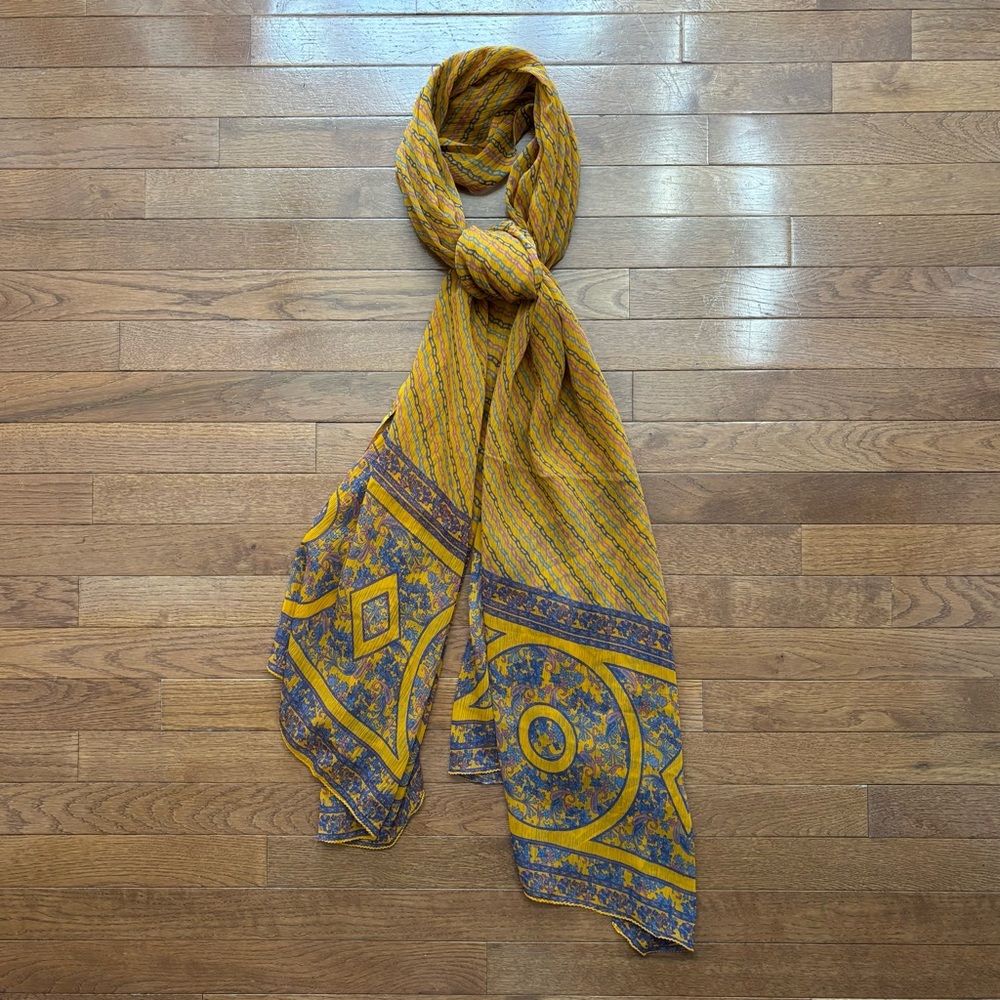 Vintage Mustard Yellow Sheer Oversized Scarf with Paisley Print Details